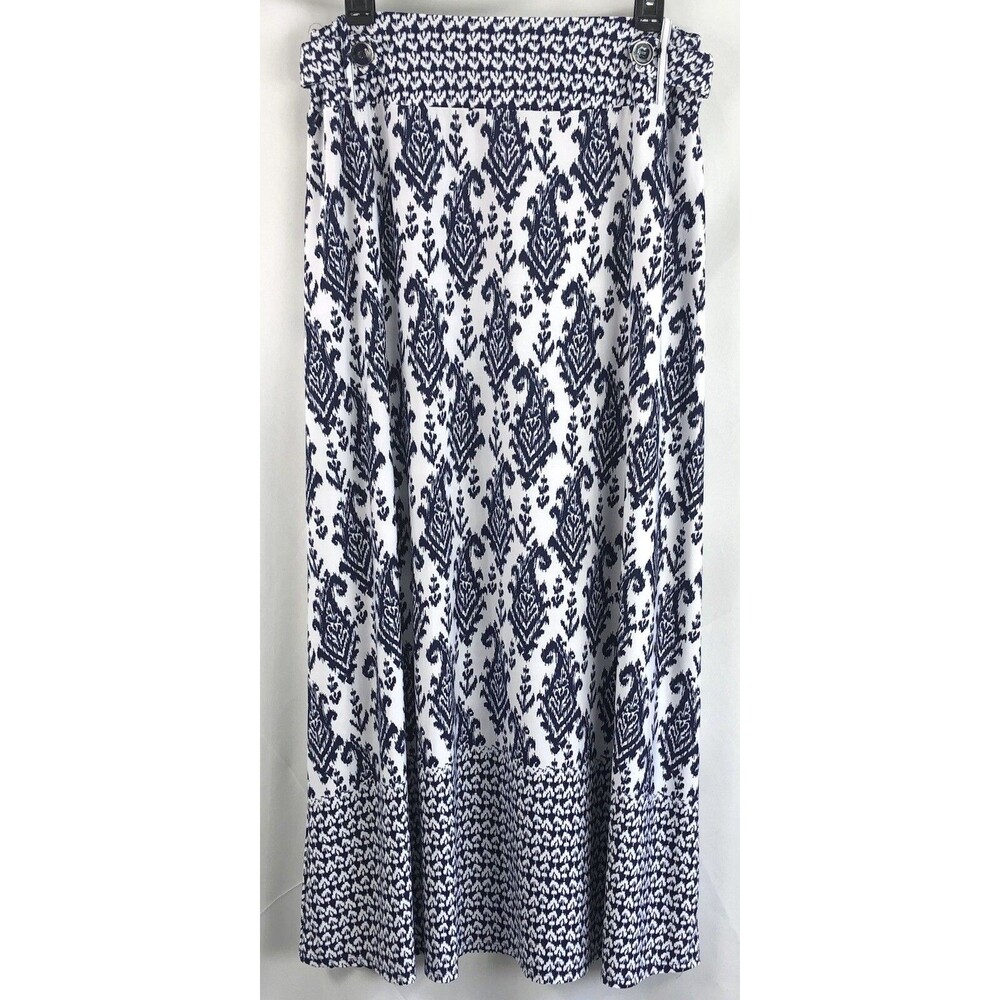 Retro Maxi Skirt L Wht/Blue Geometric A-line 30"w Stretch Buttons Boho Hippie